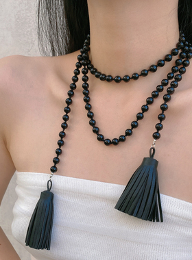 珍珠串珠女长款皮流苏项链锁骨链