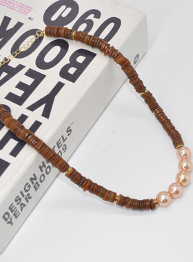 珍珠椰壳拼接女复古金属项链
