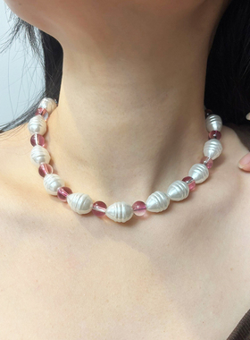 巴洛克珍珠叠戴choker粉色串珠项链彩色锁骨链小众设计感