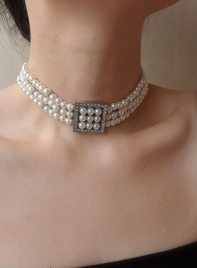 欧美时尚个性夸张三层珍珠项链女小众设计感choker锁骨链耳针耳环