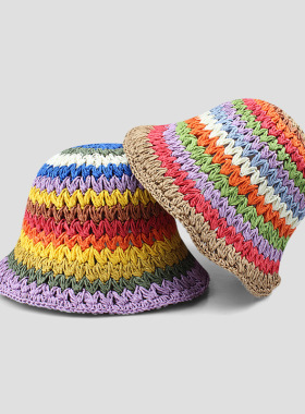 Ins Rainbow Straw Hat Summer Travel Sunscreen Bucket Hat