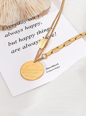 2021年韩版新款双层叠戴钛钢项链金色OT扣字母圆牌ins冷淡风项链