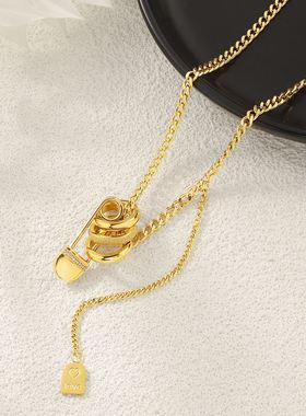 钛钢不掉色磨砂三环曲别针长款项链女小众秋冬轻奢毛衣链卫衣链