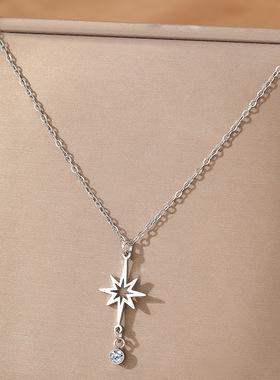 跨境热销不锈钢镶钻八芒星锁骨链