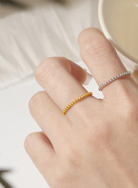 钛钢素圈金珠戒指女叠戴百搭细戒指食指时尚镀18K金圆圈小众指环