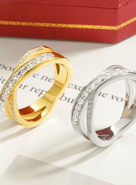 高级感CNC微镶锆石超闪银色方钻交叉镶钻戒指小众设计食指戒指女