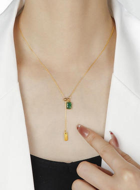 轻奢复古祖母绿项链女白色黑色方形锆石精致气质简约可调节链条项