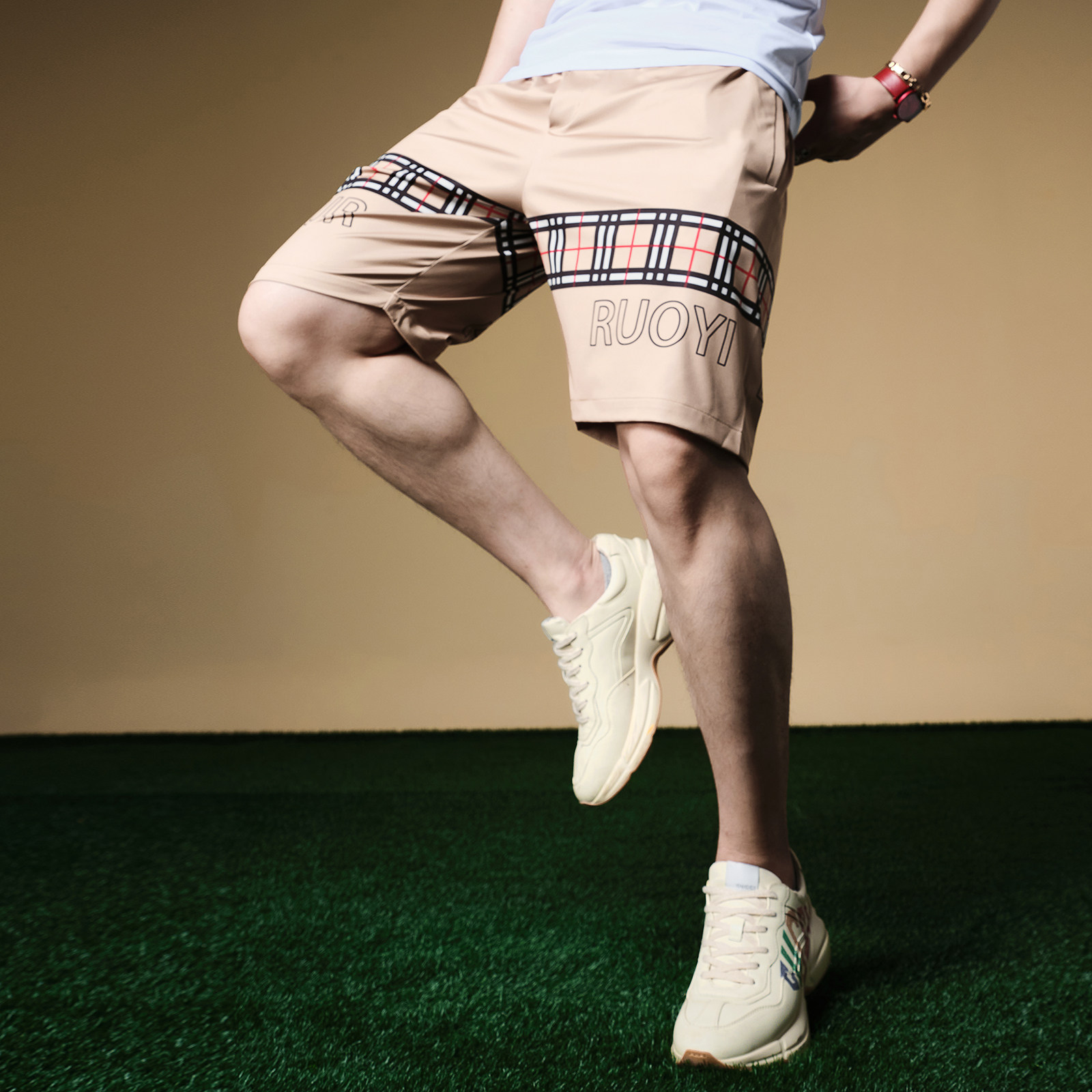 ZOUK男士裤子2022新款格纹印花休闲五分裤冰丝短裤男潮牌夏季百搭,淘宝优惠券,粉丝福利购,淘宝优惠卷