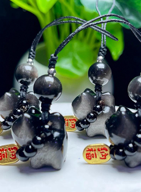 天然银耀石雕刻猫咪原创款手机挂绳女款卡通小猫水晶手机挂坠饰品