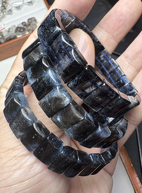 收藏货天然魔鬼蓝海蓝宝手排冰透墨色蓝猫眼黑爆闪水晶手串