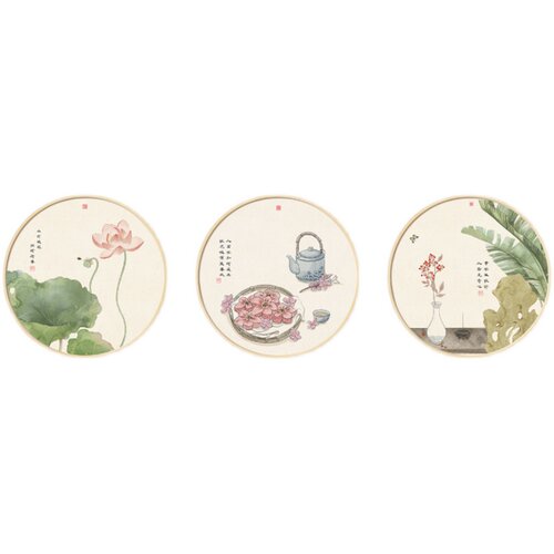 新中式客厅背景墙圆形实木框装饰画手绘清新图案挂画玄关茶室墙画 - 图3