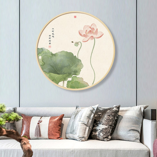 新中式客厅背景墙圆形实木框装饰画手绘清新图案挂画玄关茶室墙画 - 图0