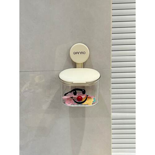 浴室洗手台发圈发绳收纳盒壁挂免打孔带盖可移动洗脸巾收纳置物盒 - 图0