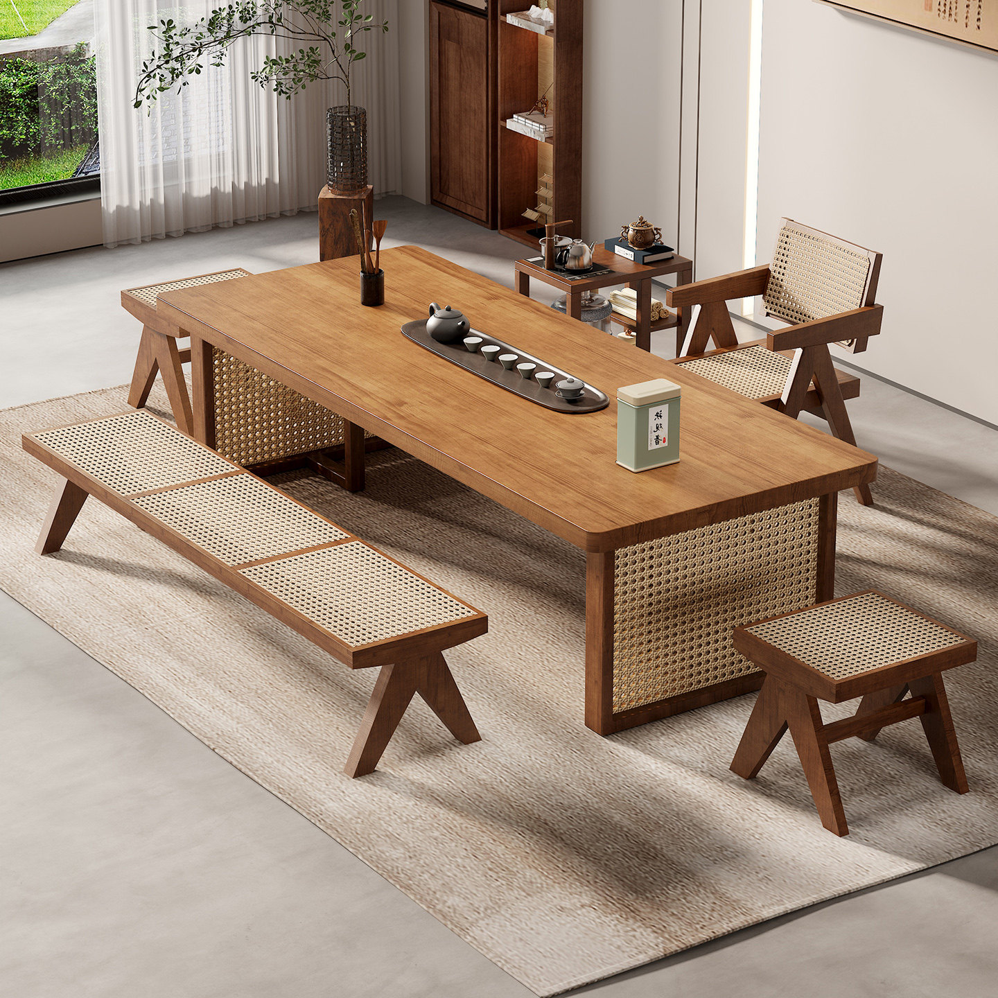 新中式阳台藤编茶桌椅组合茶几客厅家用阳台精致小茶桌实木茶台,淘宝优惠券,粉丝福利购,淘宝优惠卷