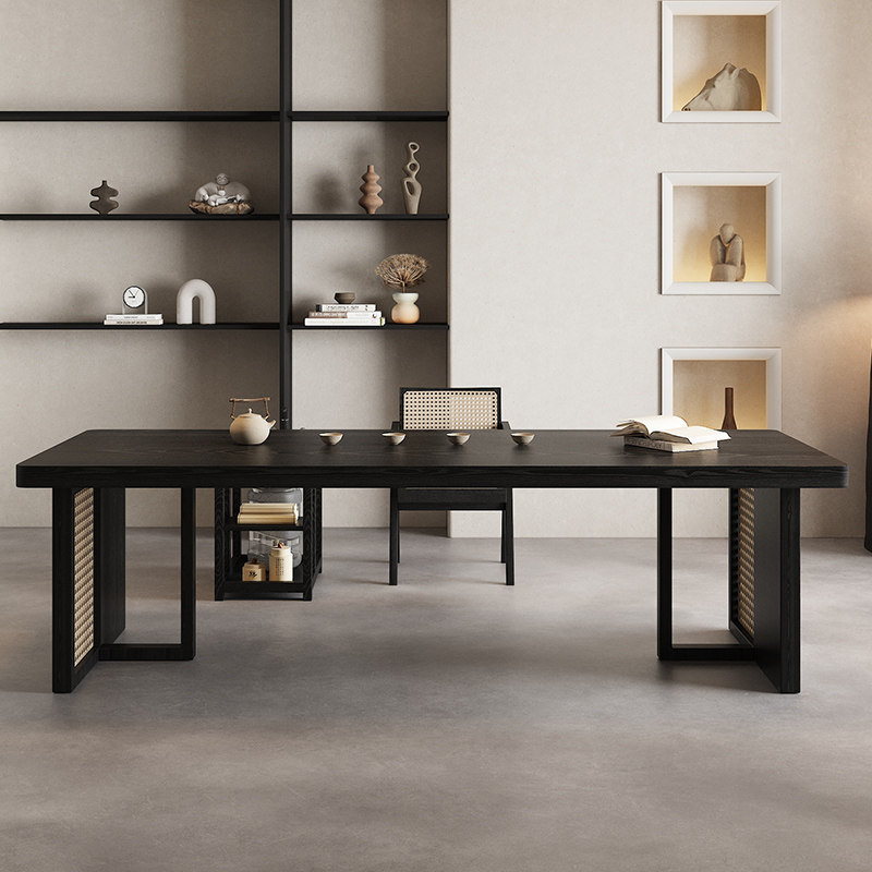 侘寂风茶桌椅组合家用藤编茶桌实木高端阳台功夫大板泡茶一桌五椅,淘宝优惠券,粉丝福利购,淘宝优惠卷