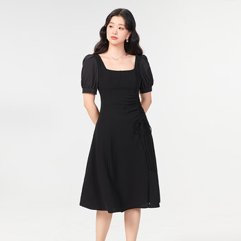 GW plus size women's temperament waist side pleated square neck slim dress 2024 summer new little fat mm little black dress