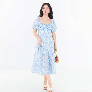 GW plus size women's one-line collar puff sleeve two-wear high-waisted slim dress 2024 summer new style for fat mm women