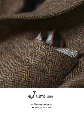 羊毛人字纹复古西服咖啡色口袋巾