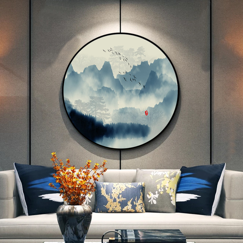 新中式圆形装饰画客厅水墨画沙发背景墙实木框玄关画背有靠山挂画,淘宝优惠券,粉丝福利购,淘宝优惠卷