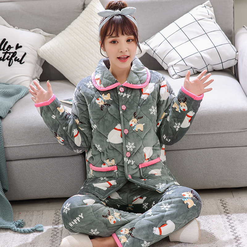 女士三层珊瑚绒甜美可爱天睡衣 荷韵诗睡衣/家居服套装