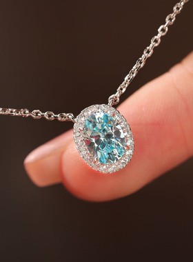 精工S925纯银海蓝色鸽子蛋项链高级感微镶项链戒指小众夏天必戴