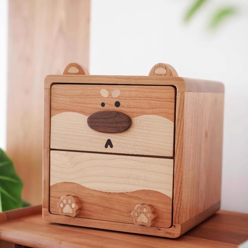 樱桃木小狗收纳盒桌面双抽屉柜子可爱实木质儿童房首饰文具原木风 - 图3