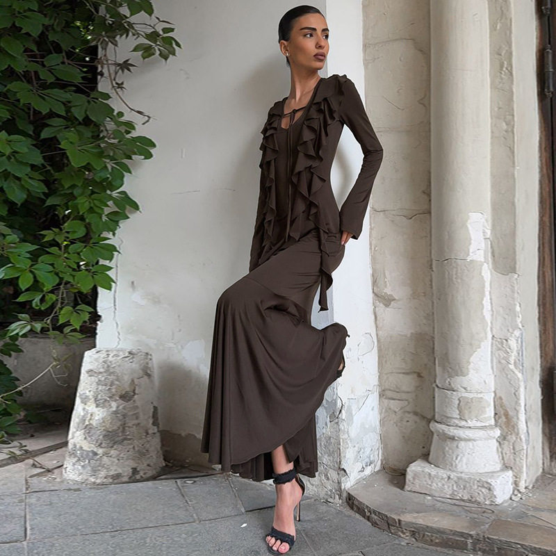 欧美热销女装2025秋季新品时尚荷叶边系带长袖收腰连衣裙外贸