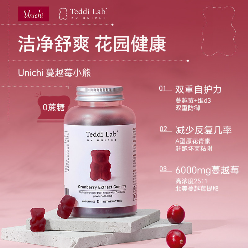 Unichi蔓越莓小熊软糖60粒 女性健康私处保养官方正品teddilab,淘宝优惠券,粉丝福利购,淘宝优惠卷