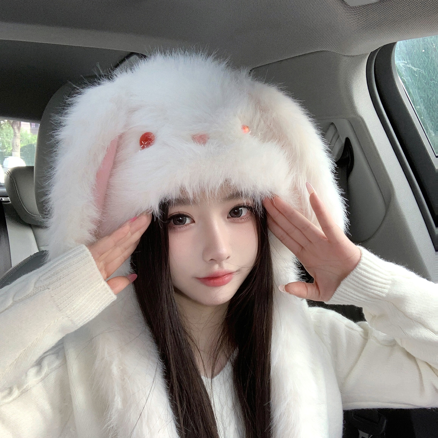 耳朵会动可爱毛绒兔耳朵帽子女冬季保暖护耳包头帽百搭加厚防寒 - 图3