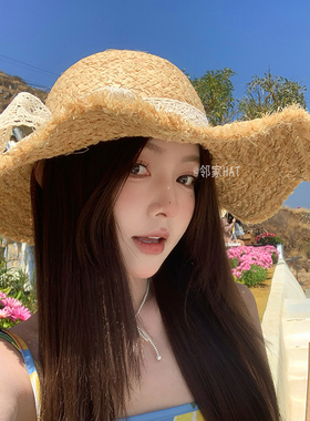 春夏女大檐防晒拉菲草沙滩帽
