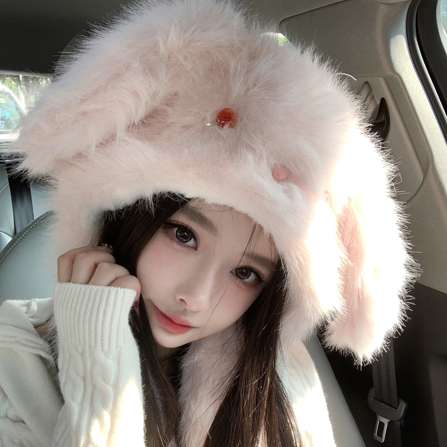 耳朵会动可爱毛绒兔耳朵帽子女冬季保暖护耳包头帽百搭加厚防寒 - 图1