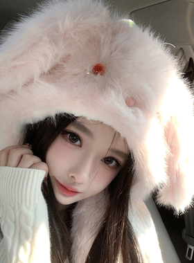 耳朵会动可爱毛绒兔耳朵帽