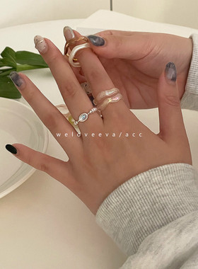 巨美丽极光色原石珍珠弹力戒指