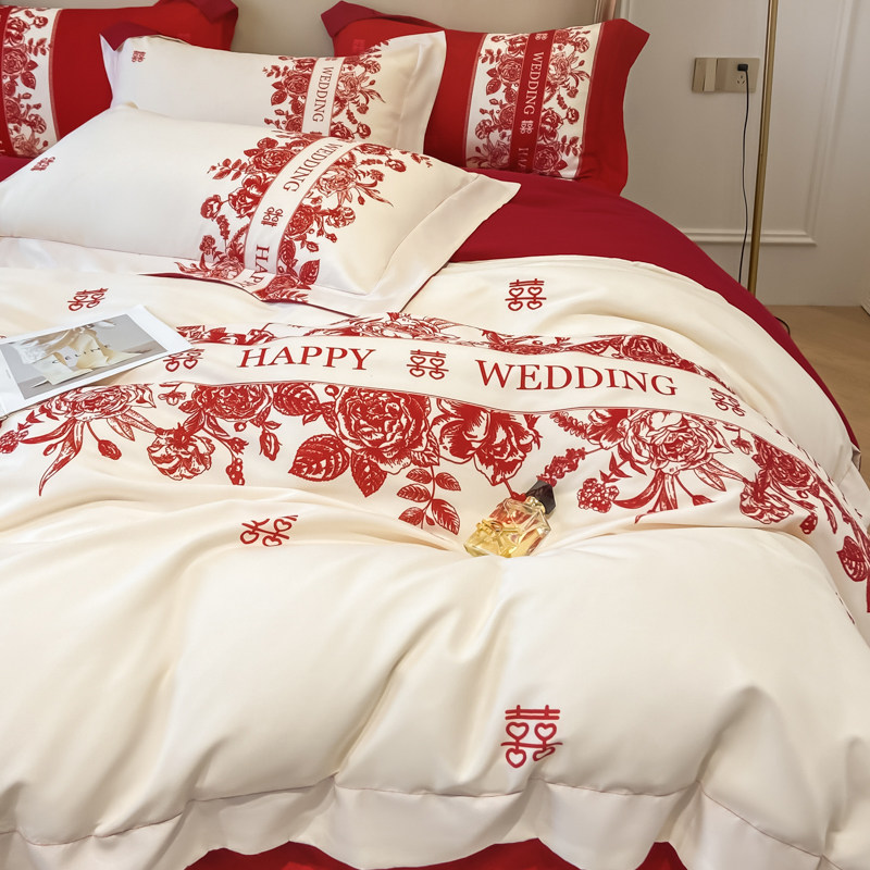 高档中式结婚四件套大红色新婚床单被套纯棉婚庆床上用品婚房陪嫁,淘宝优惠券,粉丝福利购,淘宝优惠卷