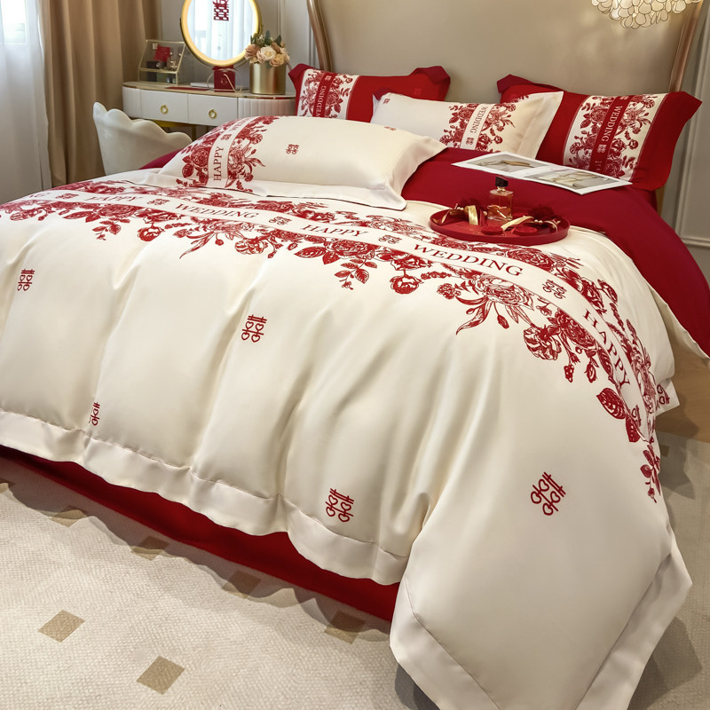 高档中式结婚四件套大红色新婚床单被套纯棉婚庆床上用品婚房陪嫁,淘宝优惠券,粉丝福利购,淘宝优惠卷