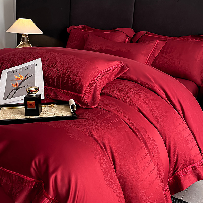 高档提花结婚四件套红色纯棉婚庆喜被套新婚陪嫁床上用品婚房床单,淘宝优惠券,粉丝福利购,淘宝优惠卷