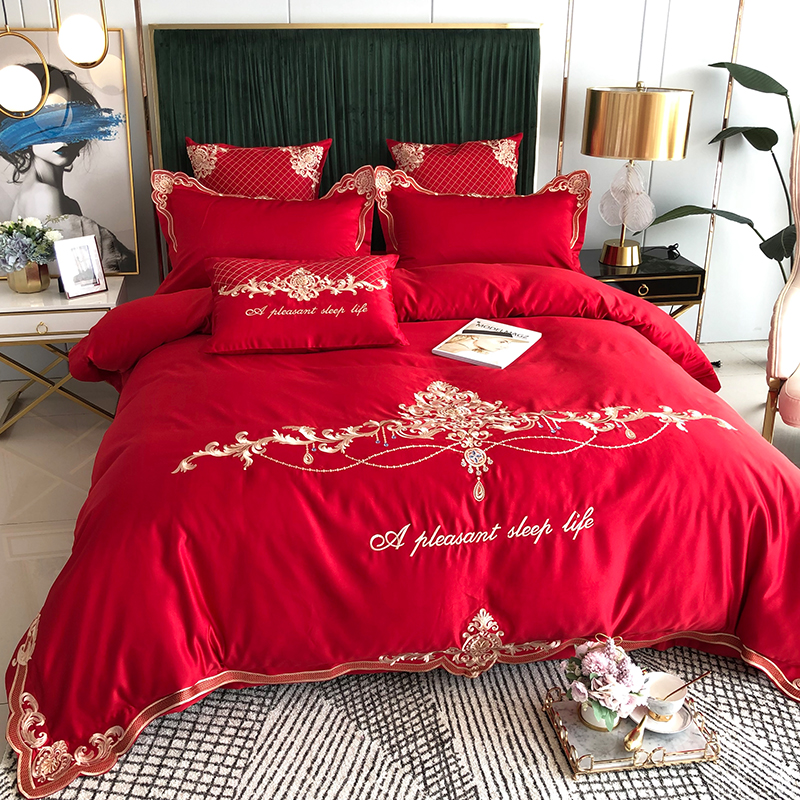 高档奢华欧式贡缎全棉婚庆四件套大红色纯棉床单刺绣结婚床上用品