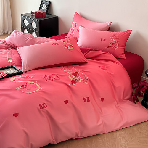 高档渐变色婚庆四件套2025新款喜被红色床单被套结婚床上用品婚房 - 图0