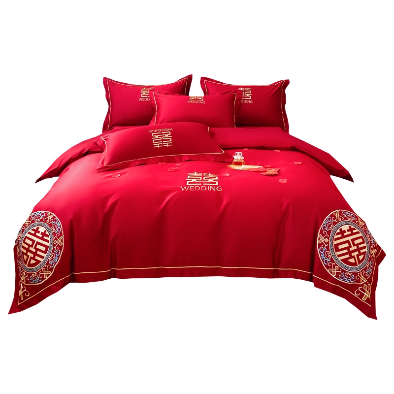 高档中式刺绣婚庆四件套大红色纯棉被套床单全棉结婚床上用品喜被