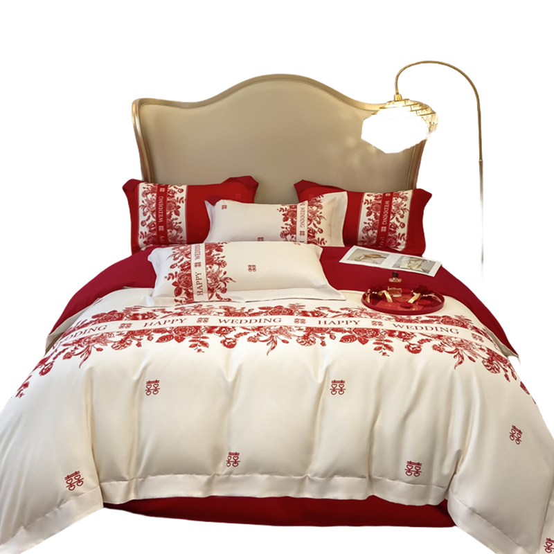 高档中式结婚四件套大红色新婚床单被套纯棉婚庆床上用品婚房陪嫁,淘宝优惠券,粉丝福利购,淘宝优惠卷