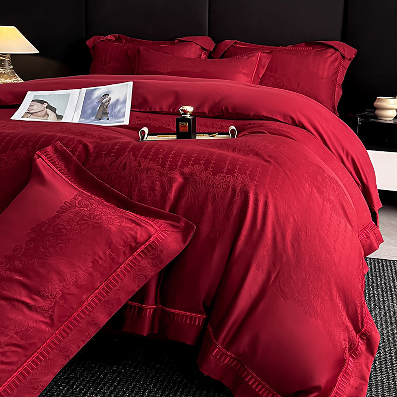 高档提花结婚四件套红色纯棉婚庆喜被套新婚陪嫁床上用品婚房床单,淘宝优惠券,粉丝福利购,淘宝优惠卷