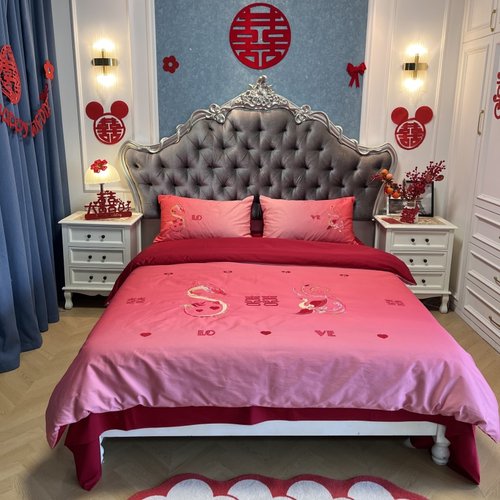 高档渐变色婚庆四件套2025新款喜被红色床单被套结婚床上用品婚房 - 图3