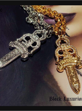 Black Luxurious电镀22K18K嘻哈风格大号镶钻宝剑圣剑刻字项链