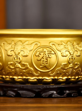 聚宝盆纯黄铜实心招聚客厅摆件店铺公司铜盆存钱罐开业礼品八福盆