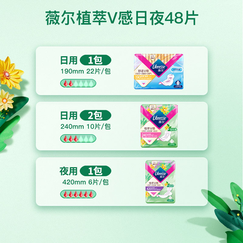 薇尔医护级卫生巾植萃金盏花亲肤小V巾姨妈巾日夜用48片官方正品v