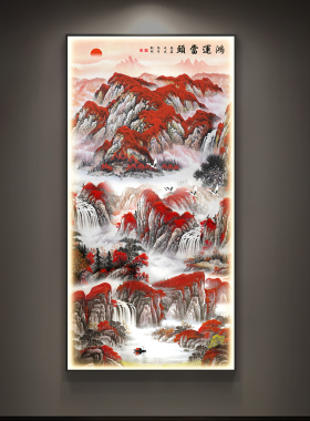 鸿运当头国画玄关装饰画镶钻带灯走廊过道山水画竖版LED挂画壁画