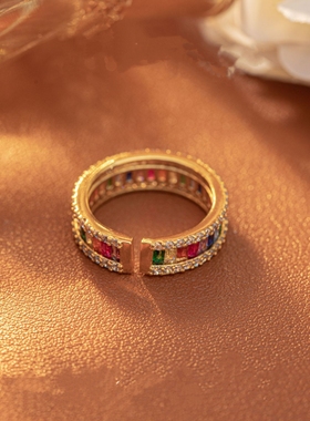 新款时尚彩虹锆石戒指满镶彩宝指戒欧美简约百搭食指戒手饰女指环