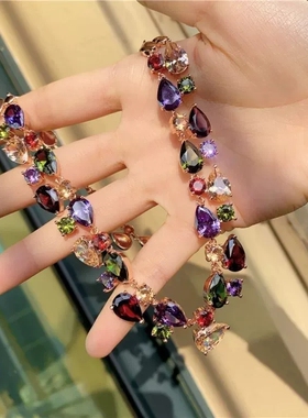 新款彩色水晶项链耳环套装女轻奢气质百搭送女友闺蜜锆石首饰项链