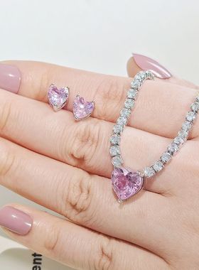 新娘时尚项链耳钉套装气质礼服配饰法式女轻奢粉色锆石耳饰锁骨链