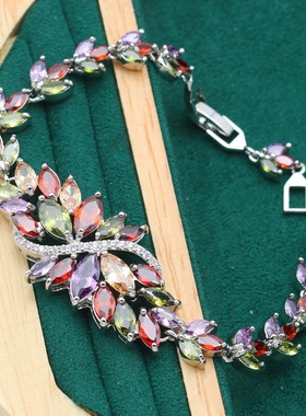 新款时尚项链套装优雅气质复古风法式女轻奢彩色锆石手链戒指组合